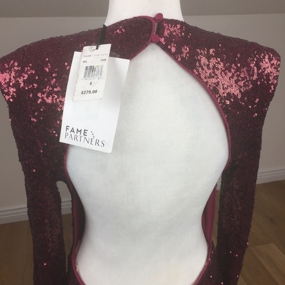 Fame and Partners Open Back Dark Red Sequin Midi Cocktail Dress Size 8 - Picture 8 of 13